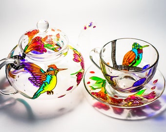 Tea Set Personalized Teapot with 1 Cup and Saucer Wedding Mom Gift Hummingbird Teapot Set