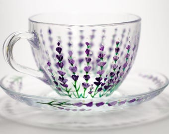 Tea cup and Saucer Lavender Tea set, Floral Glass Teacup, Personalized Mothers Day Gift, Tea Set Grandma