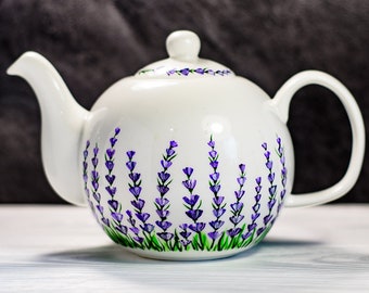 Ceramic Teapot Hand Painted Lavender Flowers Design, Personalized Women Gift Mom Grandmother Christmas Gift Unique