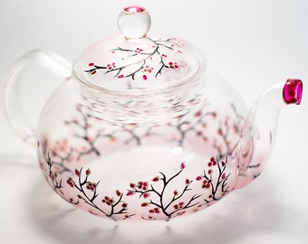 Personalized Glass Teapot Cherry Blossom, Unique Teapot Hand Painted Hostess Gift