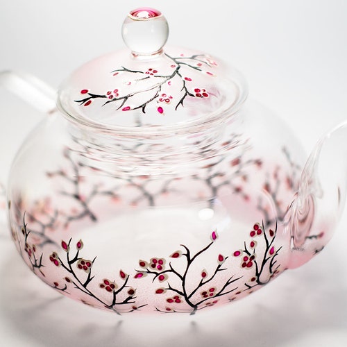 Personalized Glass Teapot Cherry Blossom Unique Teapot Hand Etsy