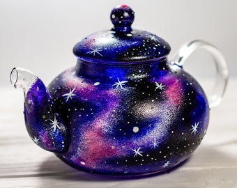 Personalized Celestial Gift, Galaxy Teapot, Glass Tea Pot Space Universe Stars Hand Painted