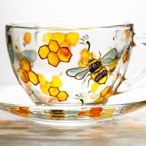 Bee Tea Cup and Saucer, Personalized Tea Set for Mom, Hand Painted Bee and Honeycomb Cup, Teacup and Saucer Set