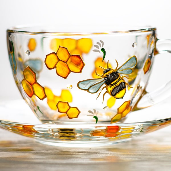 Hand Painted Bee Tea Cup and Saucer: Personalized Tea Set