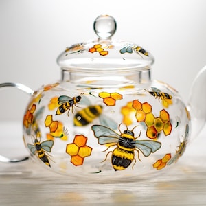 Grandma Gift for Mothers Day Personalized Bee Tea Pot, Hand Painted Tea Pot with Infuser image 1