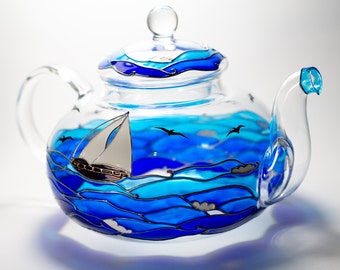 Tetera con temática oceánica pintada a mano, decoración de cocina costera, regalo con temática playera