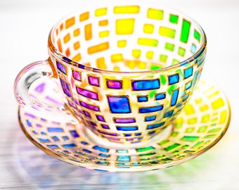 Colorful Tea Cup and Saucer Set: Personalized Rainbow Tea Set Handmade