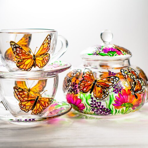 Tea Set Personalized Hostess Gift Teapot With Cups and Saucers Etsy