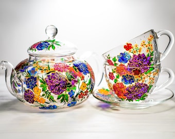 Personalized Mothers Day Gift - Flowers Tea Set Teapot with 2 Cups and Saucers - kitchen gift