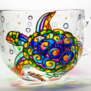 Hand painted glass mug with a sea turtle design, coastal style mug for ocean lovers and beach house decor