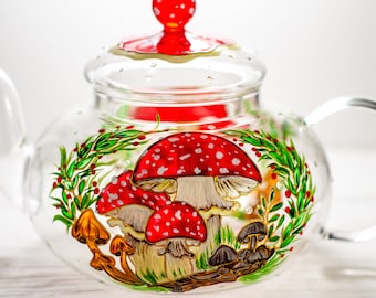 Glass Mushroom Teapot, Whimsical Tea Lover Gift, Woodland Fairytale Decor