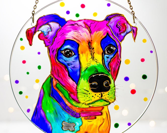 Dog Memorial Suncatcher, Hand-Painted Custom Pet Portrait Gift, Rainbow Bridge Keepsake