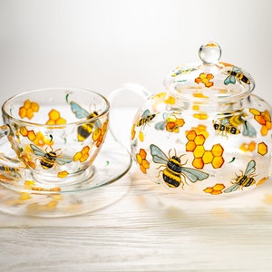 Op de afbeelding: Een heldere glazen theeset met een theepot, een kop en een schotel. De set is versierd met gele honingraatpatronen en illustraties van bijen met zwart-gele lichamen en blauwe vleugels. De theepot heeft een helder glazen deksel en handvat.