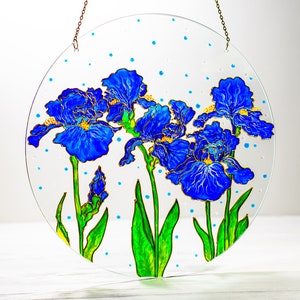 Flowers Window Hanging Stained Glass Suncatcher, Blue Iris Stained Glass Style Wall Hanging