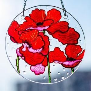 California Poppy Stained Glass Suncatcher: Red Flower Window Decor