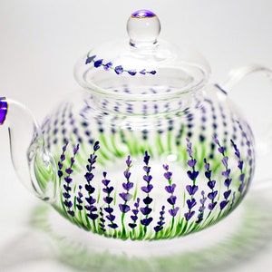 Lavender Teapot Rustic Hand painted Glass Teapot with Infuser Tea Party Favors image 1