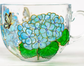 Hydrangea Mug, Personalized Gardener Gift, Blue Floral Glass Coffee Cup