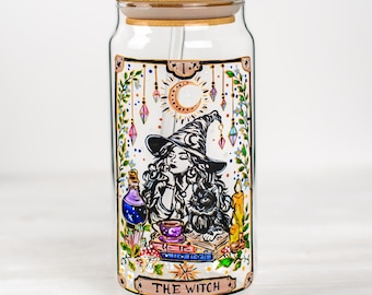 The Witch Tarot Glass Cup with Straw, Witchy Iced Coffee Mug, Personalized Spiritual Gift