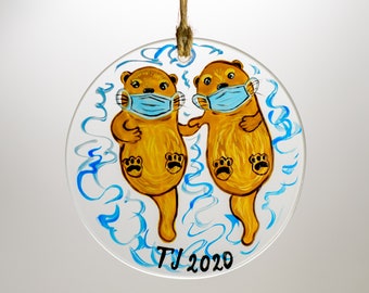 Otter Ornament, Personalized Engagement Ornament, Family Ornament, Otters Wearing a Face Mask Ornament