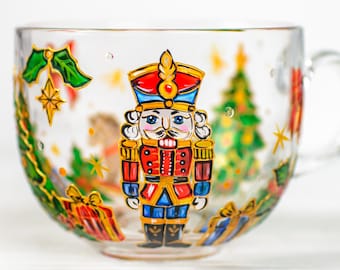 Personalized Nutcracker Mug, Nostalgic Christmas Gift, Hand Painted Festive Glass Cup