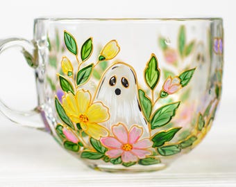Floral Ghost Mug, Pastel Halloween Gift,  Personalized Cottagecore Glass Cup