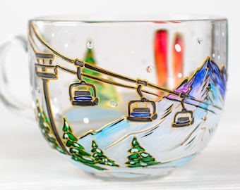 Après Ski Mug, Mountain Glass Cup, Personalized Ski Trip Gift