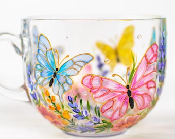 Colorful Butterfly Mug, Stained Glass Tea Cup, Gift for Women