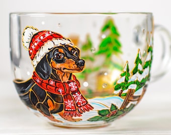 Dachshund Mug, Personalized Christmas Gift for Dog Lover, Sausage Dog Glass Cup