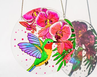 Hand Painted Hummingbird Stained Glass Style Suncatcher: Orchid Window Hanging