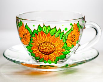 Service à thé personnalisé tournesol, ensemble tasse à thé et soucoupe fleurs, cadeau personnalisé pour la fête des mères