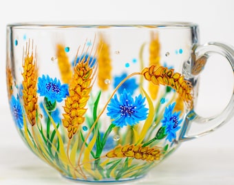 Ukrainian Colors Gift, Cornflowers and Wheat Ears Botanical Mug, Personalized Ukraine Cup