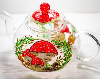 Mushroom Hand Painted Glass Teapot, Personalised hand painted teapot with infuser, Christmas gift for Granny Wedding gift for parents