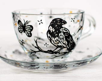 Gothic Raven Tea Cup Set, Witchy Tea Set, Halloween Teacup Gift