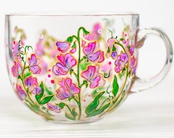 Sweet Pea Mug, Personalized Floral Gift, Pink Botanical Glass Coffee Cup with Custom Name