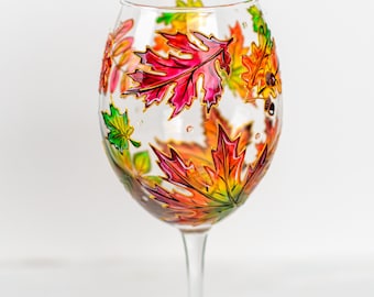 Fall Wine Glass, Hand Painted Autumn Leaves Goblet, Thanksgiving Hostess Gift