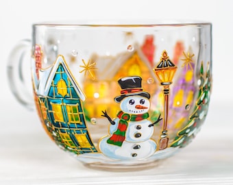Snowman Mug, Personalized Christmas Village Cup, Holiday Gift