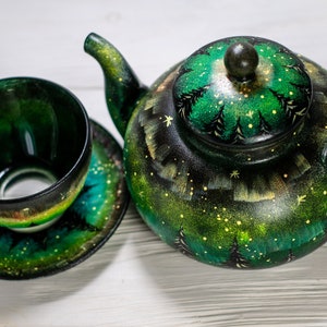 Teapot with Cups and Saucers Personalized Tea Set, Northern Lights Gift