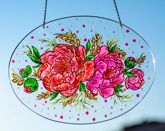 Pink Peonies Stained Glass Suncatcher: Custom Window Hanging
