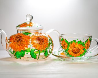 Sunflowers Tea Set, Yellow Flowers Teapot Set, Sunflower Kitchen Gift, Personalized Floral Mothers Day Gift