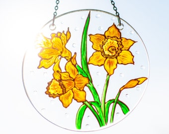 Stained Glass Window Hangings Flowers Suncathcer, Stained Glass Decor, Hand Painted Yellow Daffodils Gift for Women