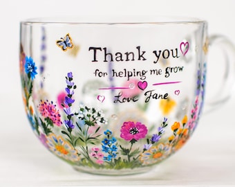 Helping Me Grow Glass Mug, Personalized Nursery Teacher Gift, Floral Coffee Cup