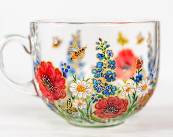 Personalized Floral Coffee Mug, Glass Flower Cup, Patriotic Birthday Gift for Women