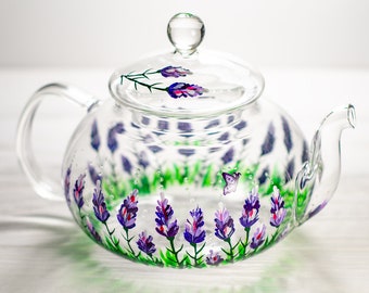 Théière à fleurs violettes, cadeau de mariage personnalisé pour maman de fille - Théière en verre peinte à la main avec infuseur Tea Party Favors