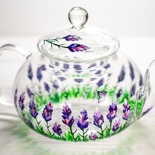 Lavender Teapot Rustic Hand Painted Glass Teapot With Infuser Etsy