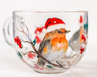 Robin Christmas Mug, Bird Lover Gift for Her, Personalized Holiday Cup, Secret Santa Gift