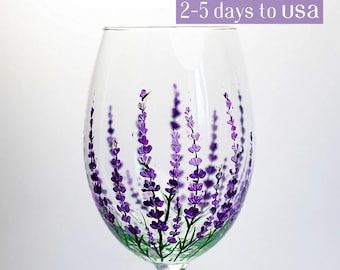 Mothers Day Wine Glass, Flower Wine Glass, Lavender Wine Glasses Hand Painted, 2-5 DAYS TO USA