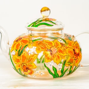 Daffodil Glass Teapot: March Birth Flower Gift, Hand Painted Floral Tea Lover Gift