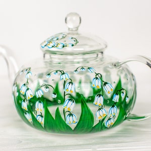 Lily of the Valley Teapot Personalized Floral Glass Teapot, Birth Month Flower Gift for Women, Birthday Gift For Mom