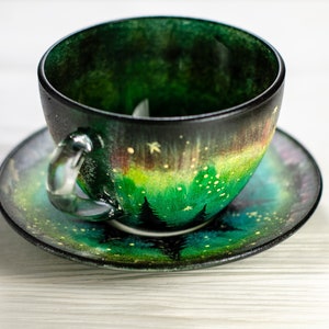 Northern Lights Tea Cup and Saucer Set, Personalized Aurora Borealis Gift