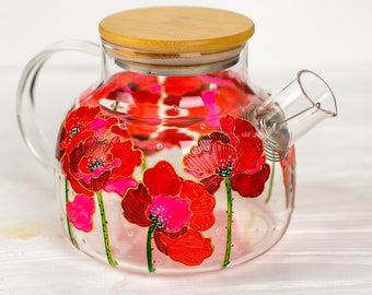Personalized Mothers Day Gift, Red Poppies Teapot, Flowers Gift for Women